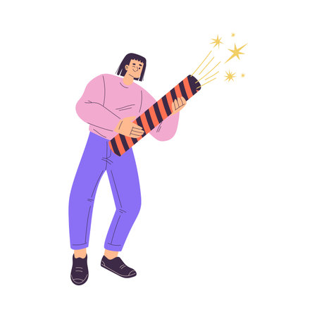 Young Man Character Setting Off Firework Vector Illustrationのイラスト素材