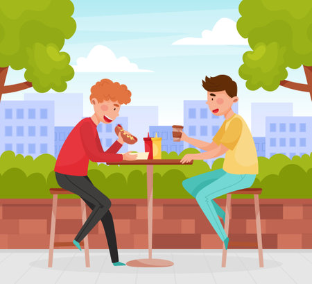 Street Food Cafe with Man Sit at Table Drink Coffee and Eat Hot Dog Vector Illustrationのイラスト素材