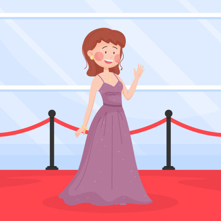 Woman Celebrity at Gala Ceremony Standing in Fancy Dress Vector Illustrationのイラスト素材