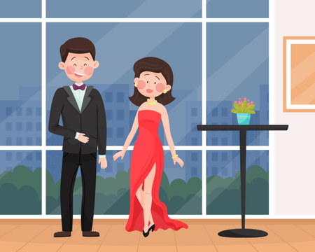 Man and Woman Celebrity at Gala Ceremony Standing in Fancy Dress Vector Illustrationのイラスト素材