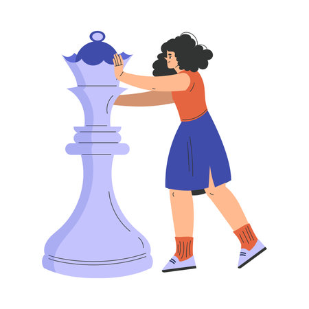 Woman Character with Big Chess Queen Piece Vector Illustrationのイラスト素材