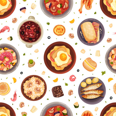 Portuguese Dishes and Main Courses Seamless Pattern Design Vector Templateのイラスト素材