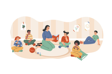 Preschool Kids with Woman Kindergarten Teacher Listen to Story Reading Book Vector Illustrationのイラスト素材