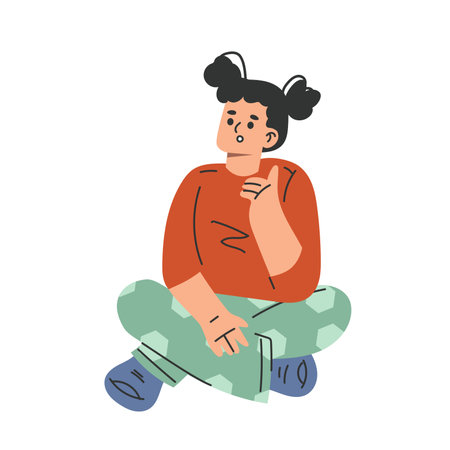 Playful Preschool Girl Sit on Floor and Listen to Story Vector Illustrationのイラスト素材