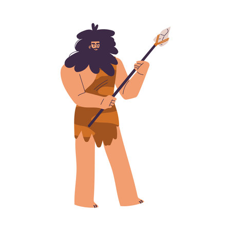 Primitive Man Character and Caveman in Loincloth Stand with Spear Vector Illustrationのイラスト素材