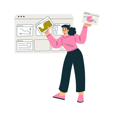 Productive Workflow with Woman with Window Screen Managing Task Vector Illustrationのイラスト素材