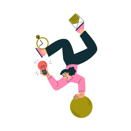Productive Workflow with Woman Balancing on Ball Managing Task Vector Illustrationのイラスト素材