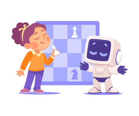 Robot Character Play Chess with Girl as Smart Android Assistant Machine Vector Illustrationのイラスト素材