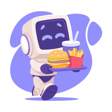 Robot Character Carry Fast Food Tray as Smart Android Assistant Machine Vector Illustrationのイラスト素材