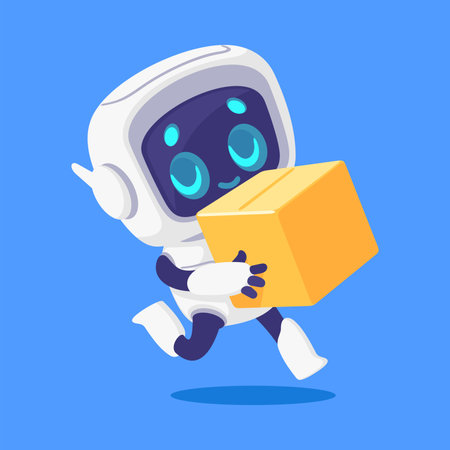 Robot and Modern Electronic Humanoid Machine Carry Cardboard Box Vector Illustrationのイラスト素材