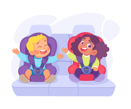 Little Boy and Girl on Seat with Safety Belt Vector Illustrationのイラスト素材