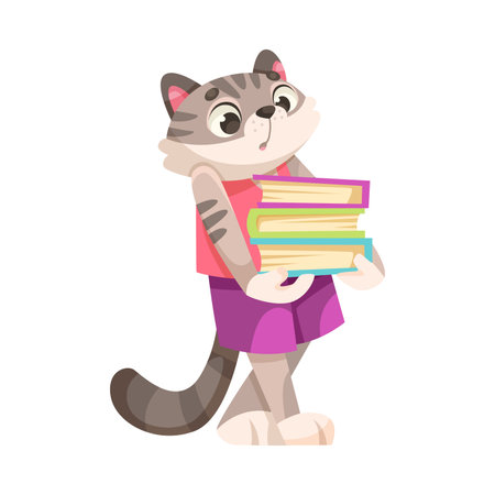 Cat Carry Book Pile as Animal School Student and Pupil Enjoy Study Vector Illustrationのイラスト素材