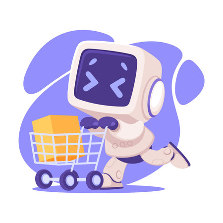 Robot Character Shopping with Cart as Smart Android Assistant Machine Vector Illustrationのイラスト素材