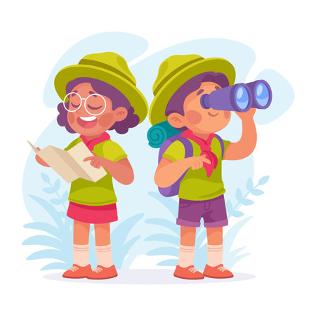 Boy and Girl Scout Character in Hat with Map and Binoculars Vector Illustrationのイラスト素材