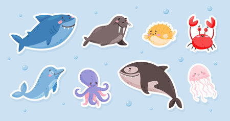 Sea Animal and Marine Underwater Swimming Cartoon Creature Vector Setのイラスト素材