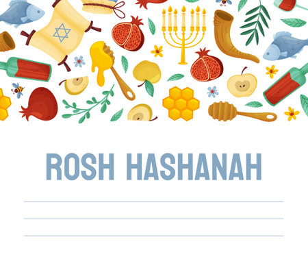 Shana Tova Banner Design with Symbols of Jewish Holiday Vector Templateのイラスト素材