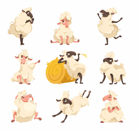 Funny Sheep Farm Character with Wooly Body and Hoof Vector Setのイラスト素材