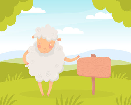 Funny Sheep Farm Character with Wooly Body and Hoof at Wooden Banner Vector Illustrationのイラスト素材