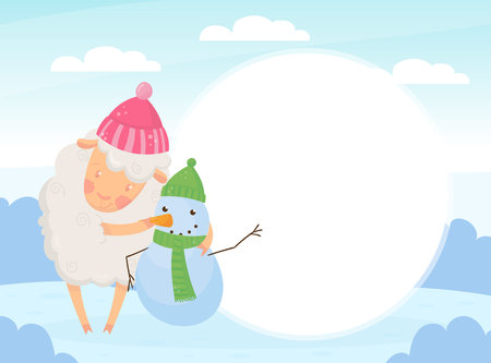 Note Card with Funny Sheep Farm Character with Wooly Body and Hoof Vector Templateのイラスト素材