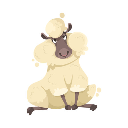 Funny Sheep Farm Character with Wooly Body and Hoof Sitting Vector Illustrationのイラスト素材