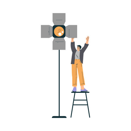 Man Standing on Stool with Lamp at Shooting Film Movie Production Scene Vector Illustrationのイラスト素材