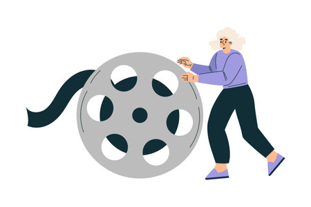 Woman Push Huge Reel at Shooting Film Movie Production Scene Vector Illustrationのイラスト素材