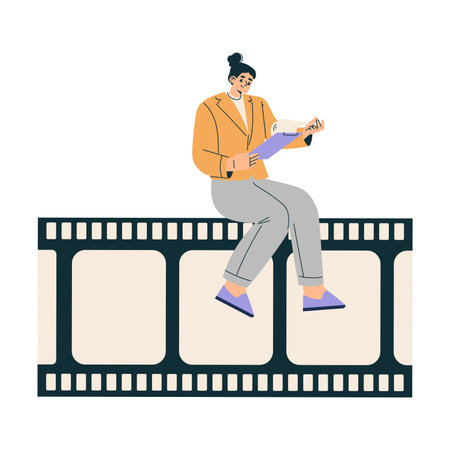 Woman Sit on Tape with Clipboard at Shooting Film Movie Production Scene Vector Illustrationのイラスト素材