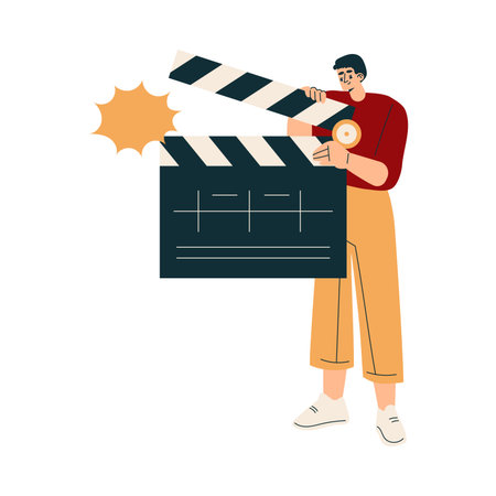Man with Clapperboard at Shooting Film Movie Production Scene Vector Illustrationのイラスト素材