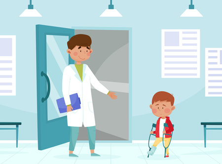 Sick Boy on Crutches at Doctor Appointment Feel Unwell and Unhealthy Vector Illustrationのイラスト素材