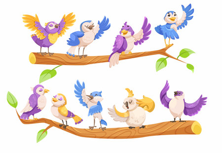 Singing Birds Perching on Tree Branch Vector Setのイラスト素材