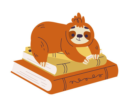 Funny Sloth Animal Character Lying on Book Vector Illustrationのイラスト素材