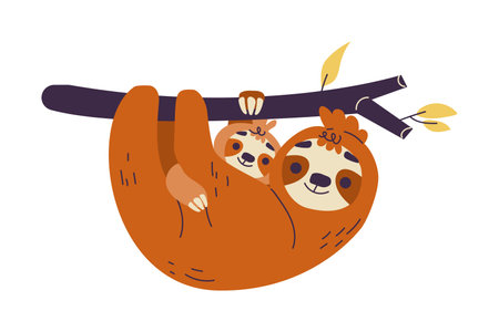 Funny Sloth Animal Character Hang on Tree with Baby Vector Illustrationのイラスト素材