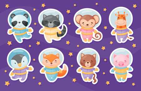 Space Animal in Spacesuit in Starry Sky Vector Setのイラスト素材