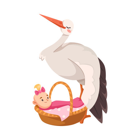 Stork with Baby Girl in Wicker Basket Vector Illustrationのイラスト素材