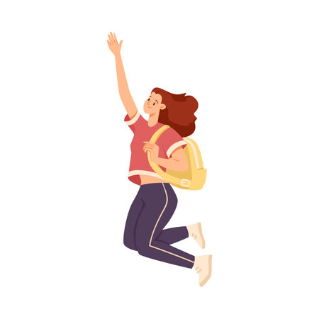 Rejoiced Woman Student Character Jump with Joy Vector Illustrationのイラスト素材
