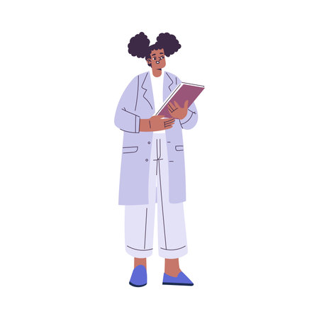 Woman Scientist Character in Coat Standing with Clipboard Vector Illustrationのイラスト素材