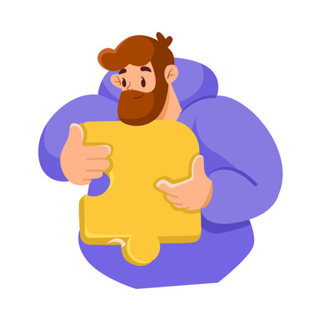 Man Team Member Character Hold Jigsaw Puzzle Vector Illustrationのイラスト素材