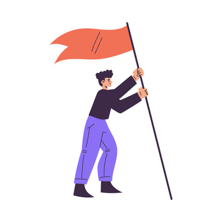 Man Character Office Employee and Team Member Hold Flag Vector Illustrationのイラスト素材