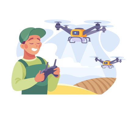 Farming Technology with Man Farmer Managing Drone Vector Illustrationのイラスト素材