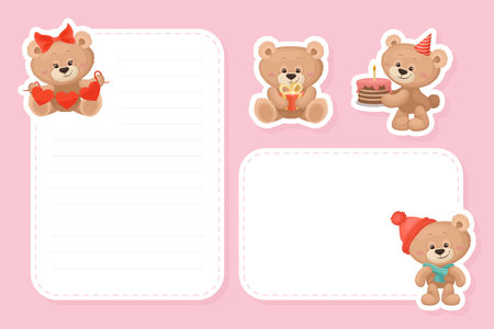 Teddy Bear Note Card Design with Cute Fluffy Animal Vector Templateのイラスト素材