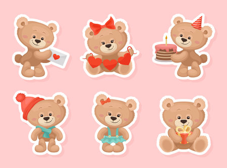 Teddy Bear as Cute Fluffy Animal Vector Sticker Setのイラスト素材