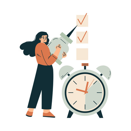 Time Management with Woman Character Check Box Organizing Efficient Business Process Vector Illustrationのイラスト素材
