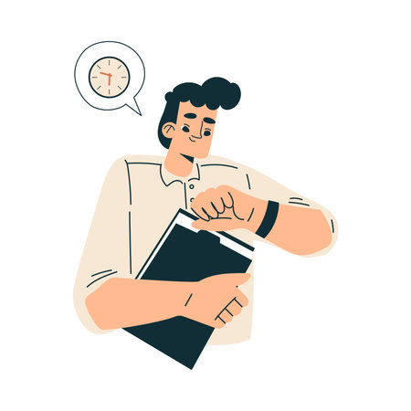 Time Management with Man Character Organizing Efficient Business Process Vector Illustrationのイラスト素材