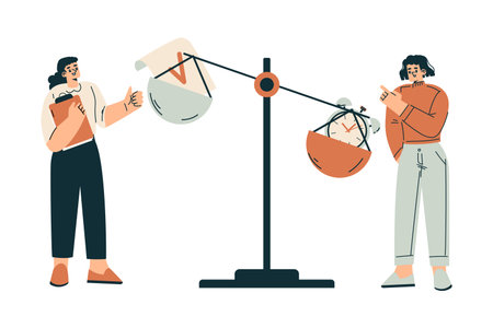 Time Management with Woman Character with Clock on Scales Organizing Efficient Business Process Vector Illustrationのイラスト素材