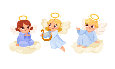 Cute Children Angels with Wings and Nimbus Vector Setのイラスト素材