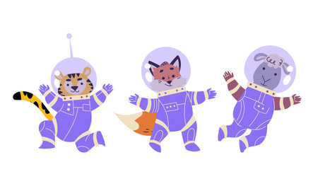 Cute Animal Astronaut Characters in Space Suit Vector Setのイラスト素材