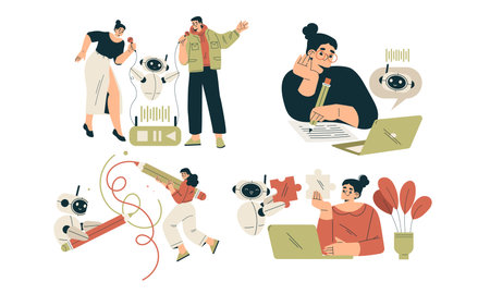 Artificial Intelligence Technology with People Character Interacting with Smart Bot Vector Setのイラスト素材