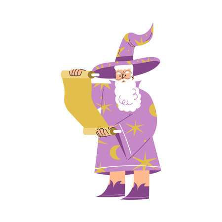 Wizard Man Character in Purple Gown and Hat with Scroll Vector Illustrationのイラスト素材