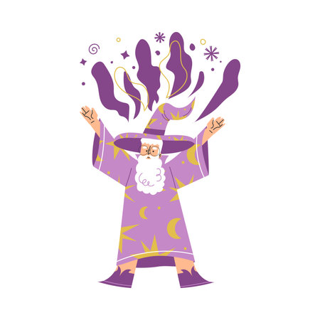 Wizard Man Character in Purple Gown and Hat Vector Illustrationのイラスト素材