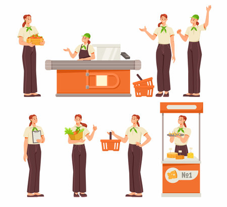 Woman Character Working in Supermarket Wear Uniform Vector Setのイラスト素材